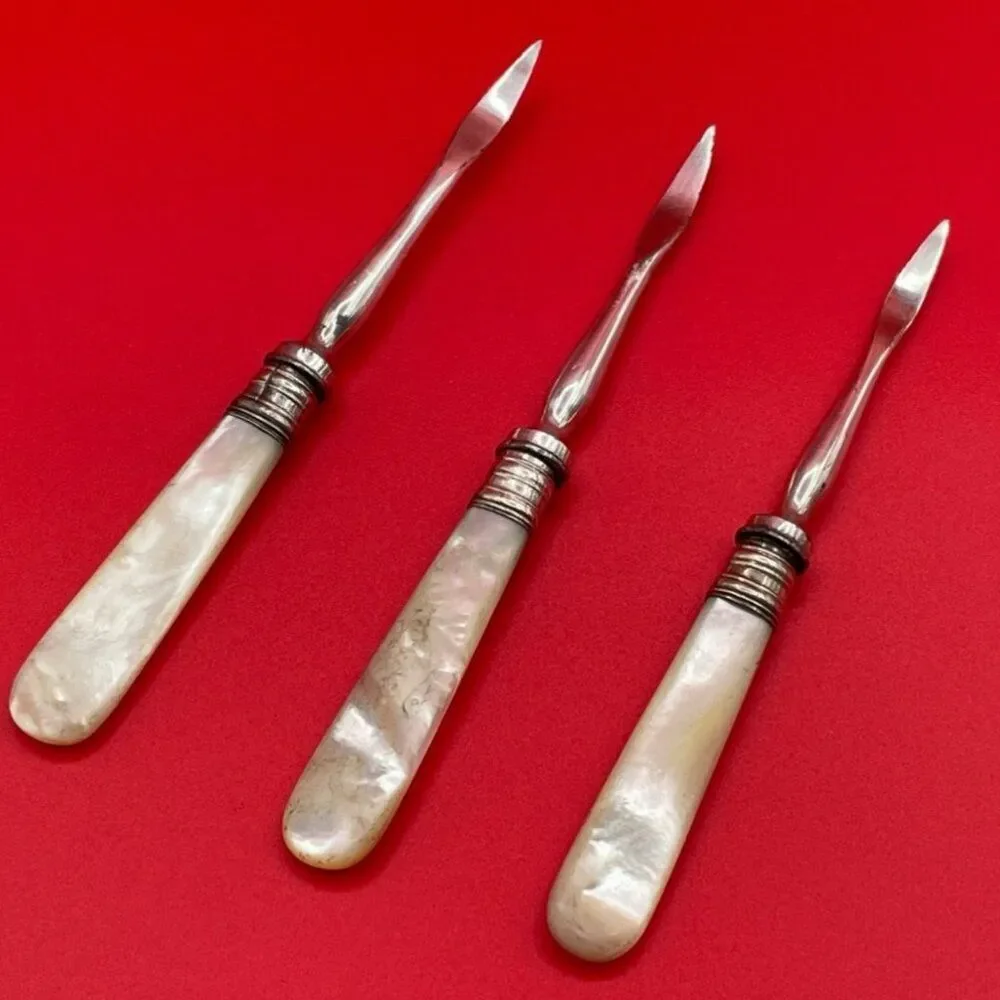 Antique Mother of Pearl & Silver Nut Picks Set of 3